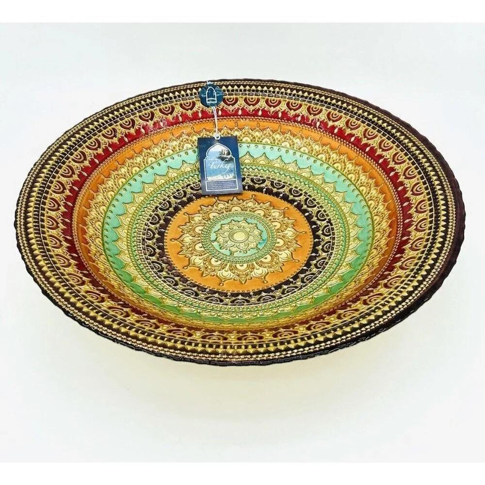 Turkish Glass Round Bowl Dinner Display Gold Oriental Lace 16” W 3” D